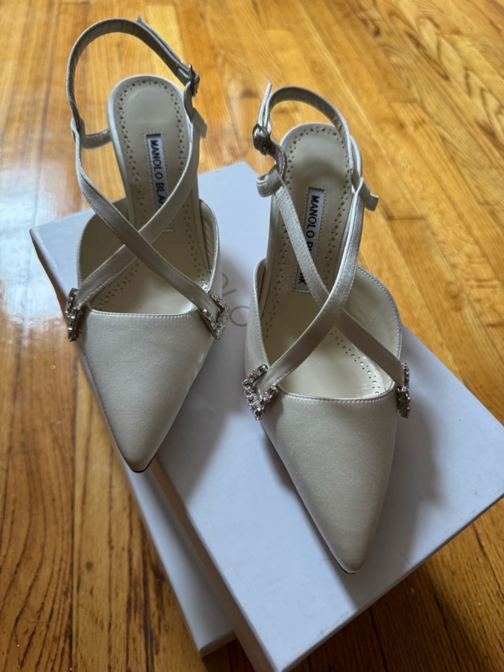 Manolo Blahnik Satin Pointed Slingback Pumps with Crystal Buckles